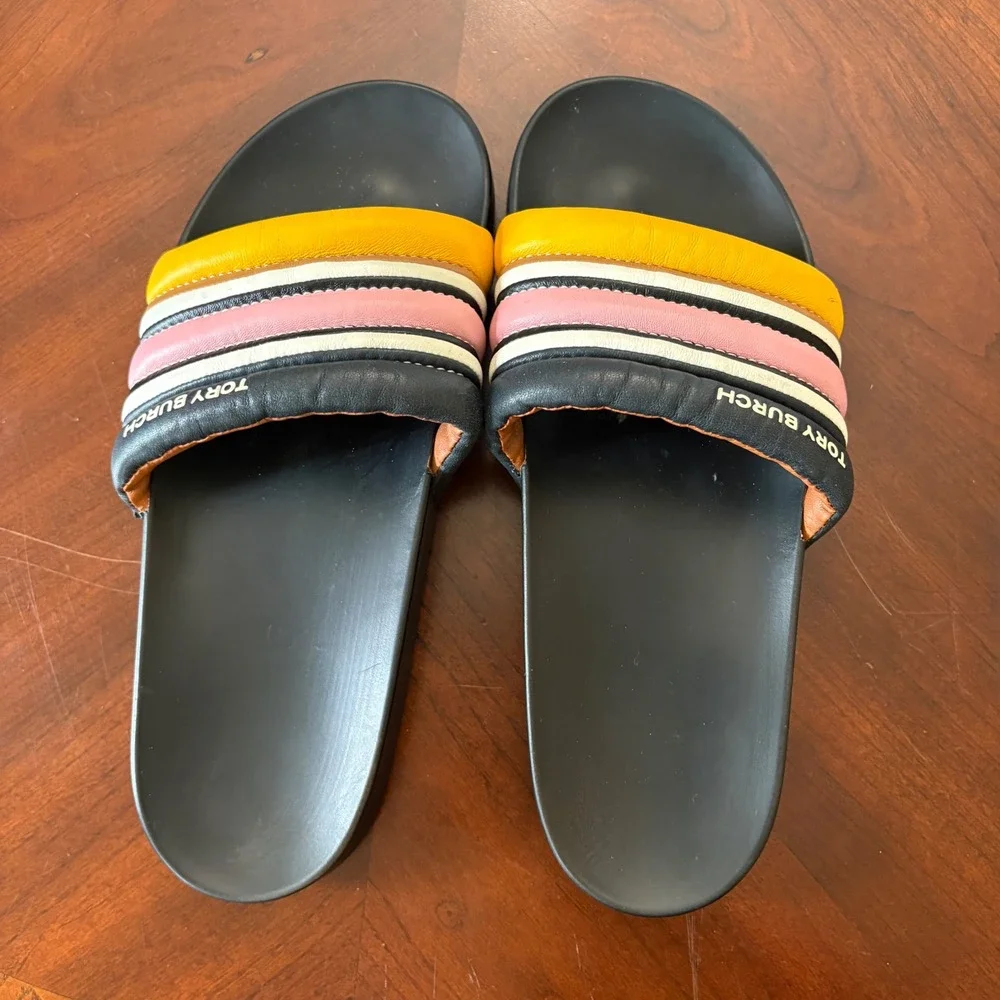 Tory Burch Slides Sandals 9 Striped Rainbow Padded Leather Sporty Slip On Womens